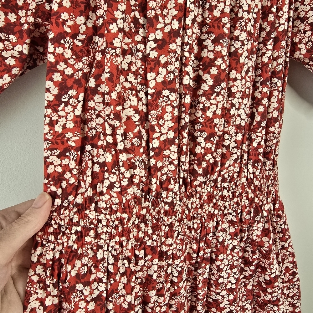 Apiece Apart Nova Red Floral Midi Dress M Organic Cotton Cut Out Back Pockets - Picture 7 of 16
